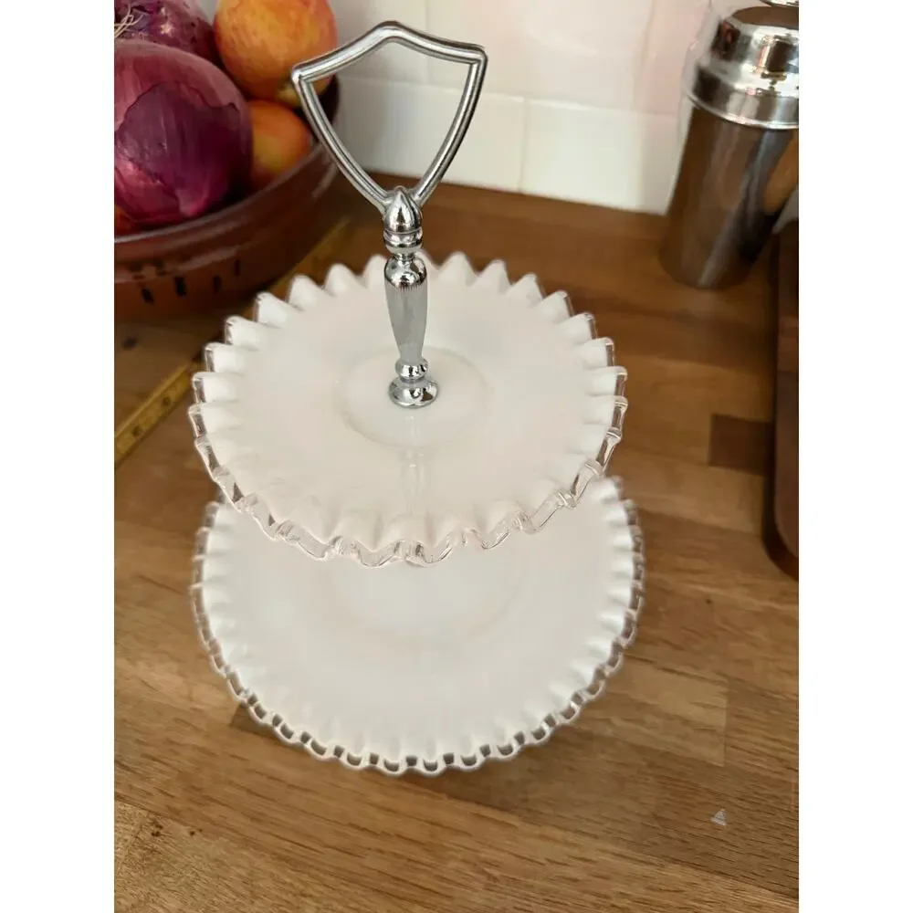 Vintage Fenton Silver Crest Milk Glass Two-Tiered Serving Dish